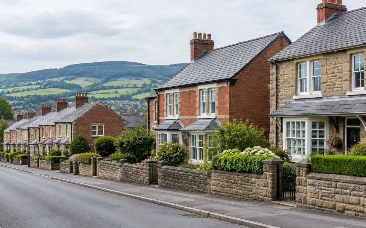Representative Derbyshire residential street with stone and red-brick homes