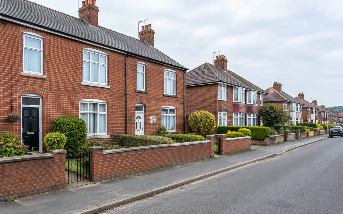 Representative north Nottinghamshire residential street with red-brick terraces and semi-detached homes