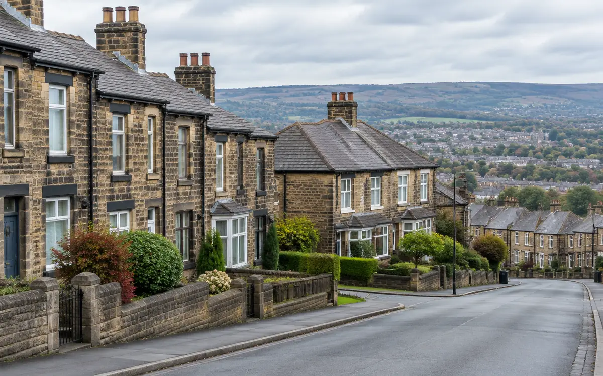 Representative West Yorkshire residential street with local stone terraces and semi-detached homes