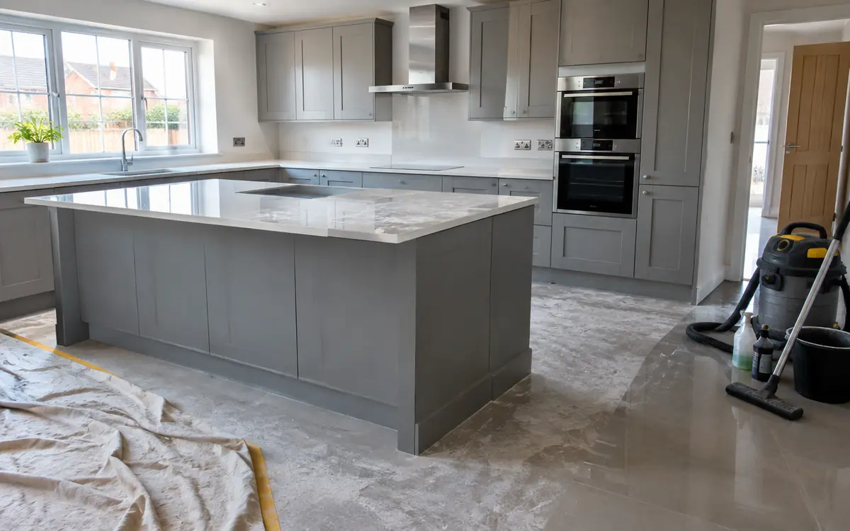 Newly refurbished kitchen being cleared of fine construction dust for handover