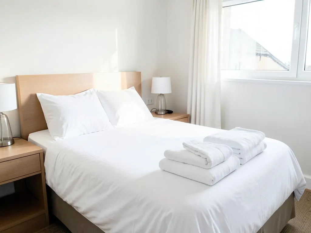 Short-let bedroom made up with fresh white linen and folded towels ready for the next guest