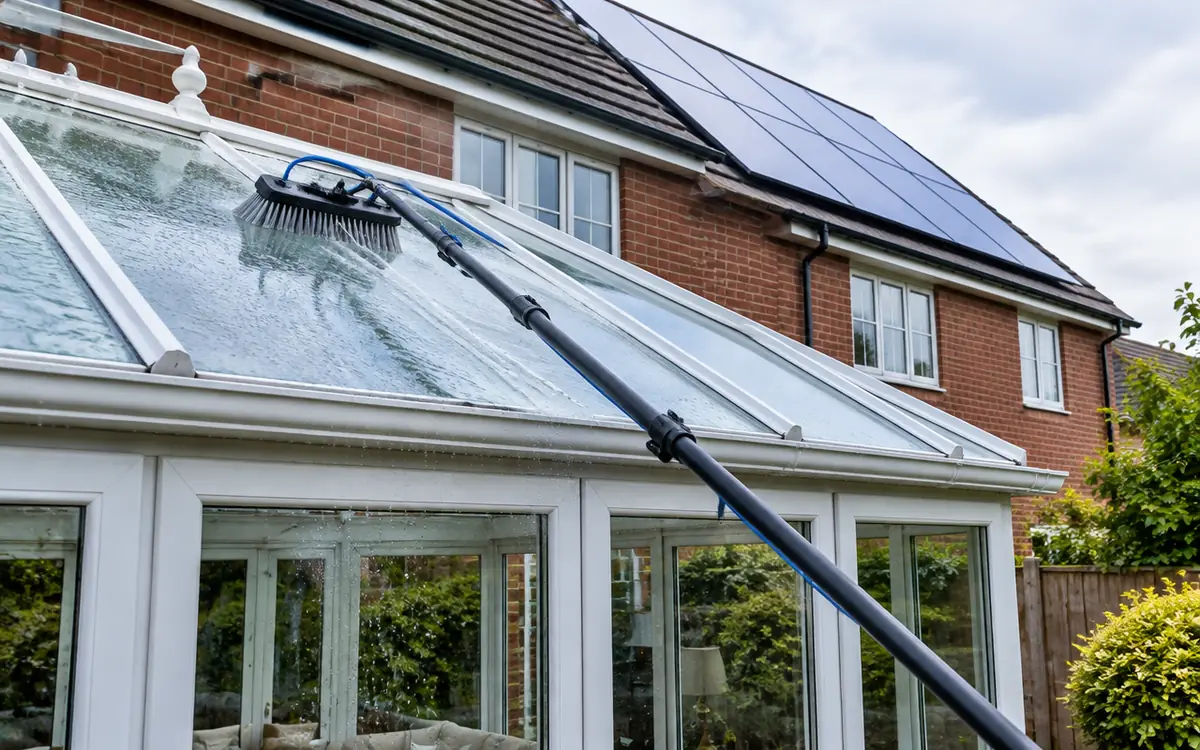 Water-fed pole cleaning a glass conservatory roof with solar panels visible above