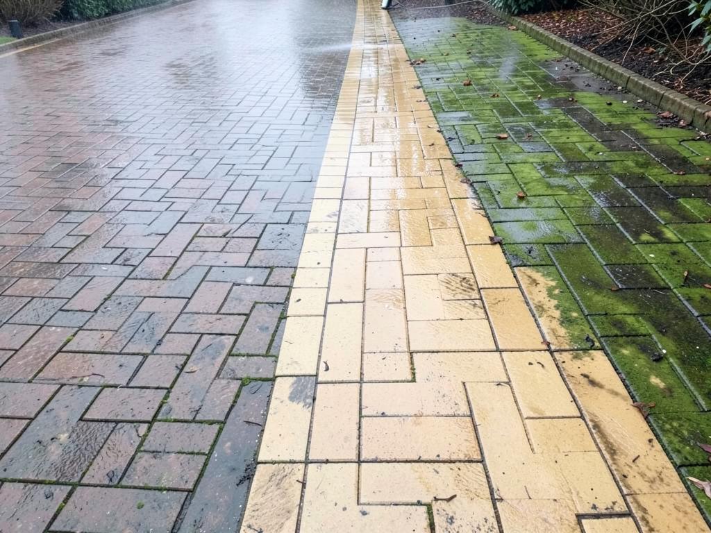 Block-paved driveway showing the difference after pressure washing