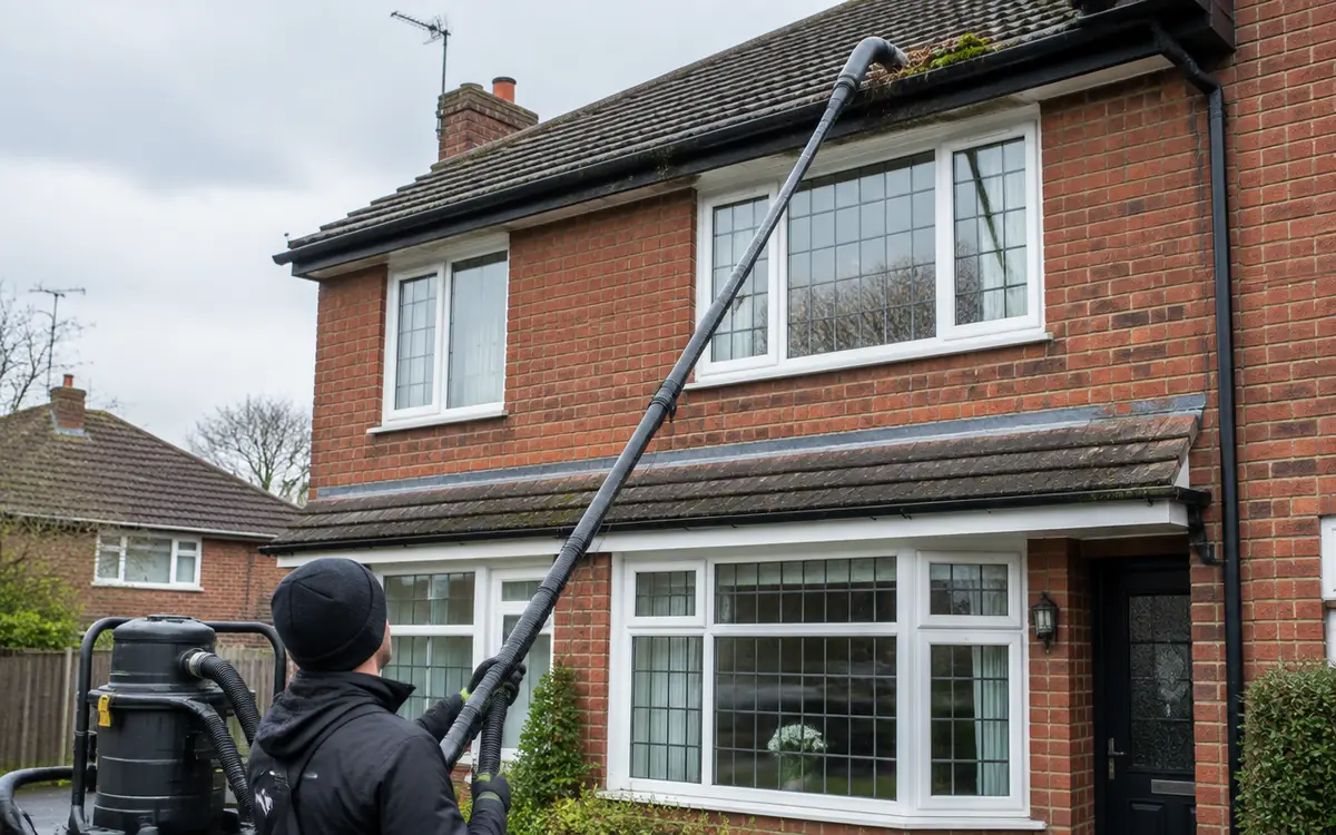 Ground-operated gutter vacuum clearing leaves and moss from a house gutter