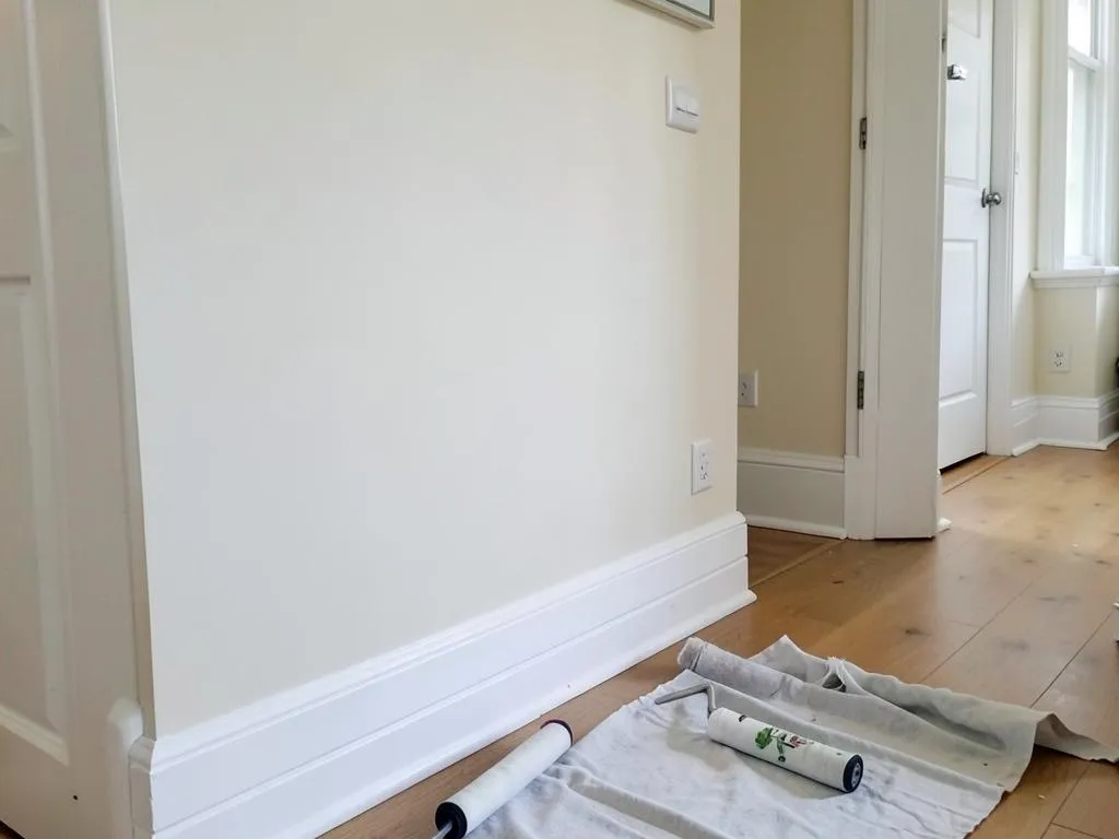 Freshly painted magnolia hallway wall with crisp white skirting and a dust sheet on the floor