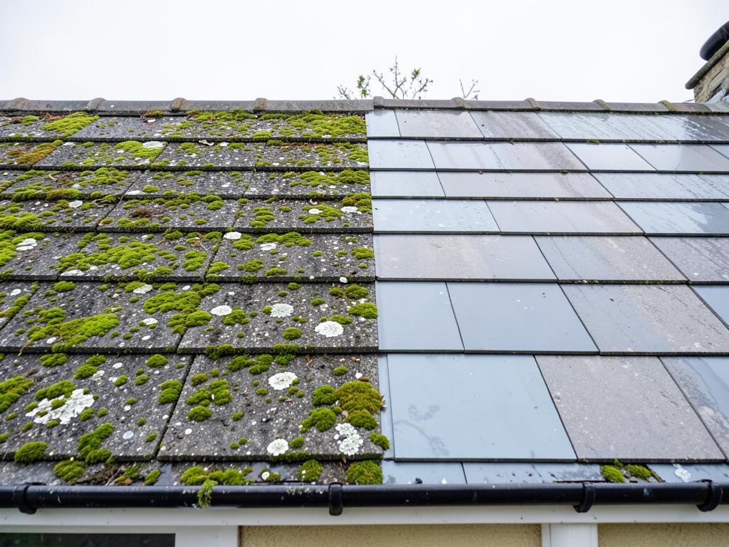 Tiled house roof showing moss removal and a cleaned section